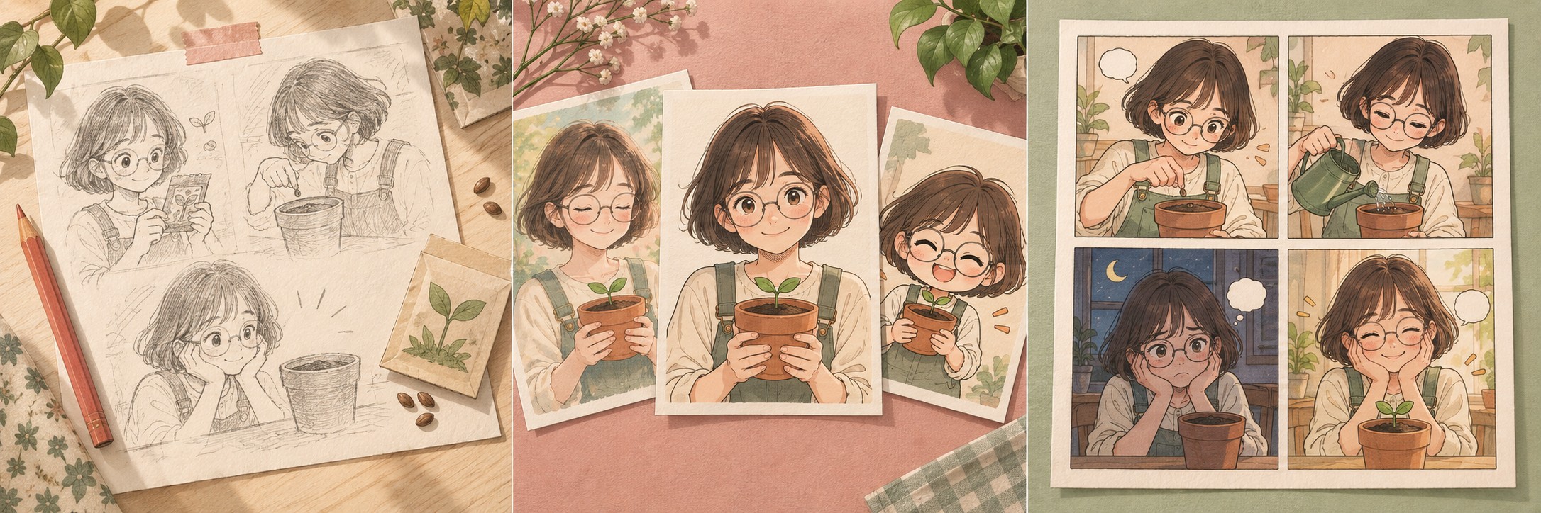 새싹을 기다리는 하루: 씨앗을 심고 기다리는 안경 쓴 주인공의 연필 스토리보드